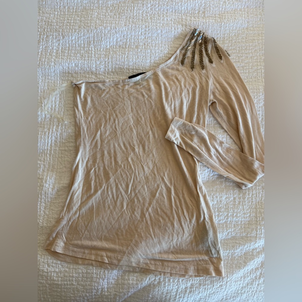 Forever 21 Beige One-Shoulder Long Sleeve Top with Shoulder Embellishment